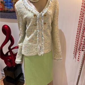 St. John Multicolor green mint skirt suit 14 L tweed career spring pastel